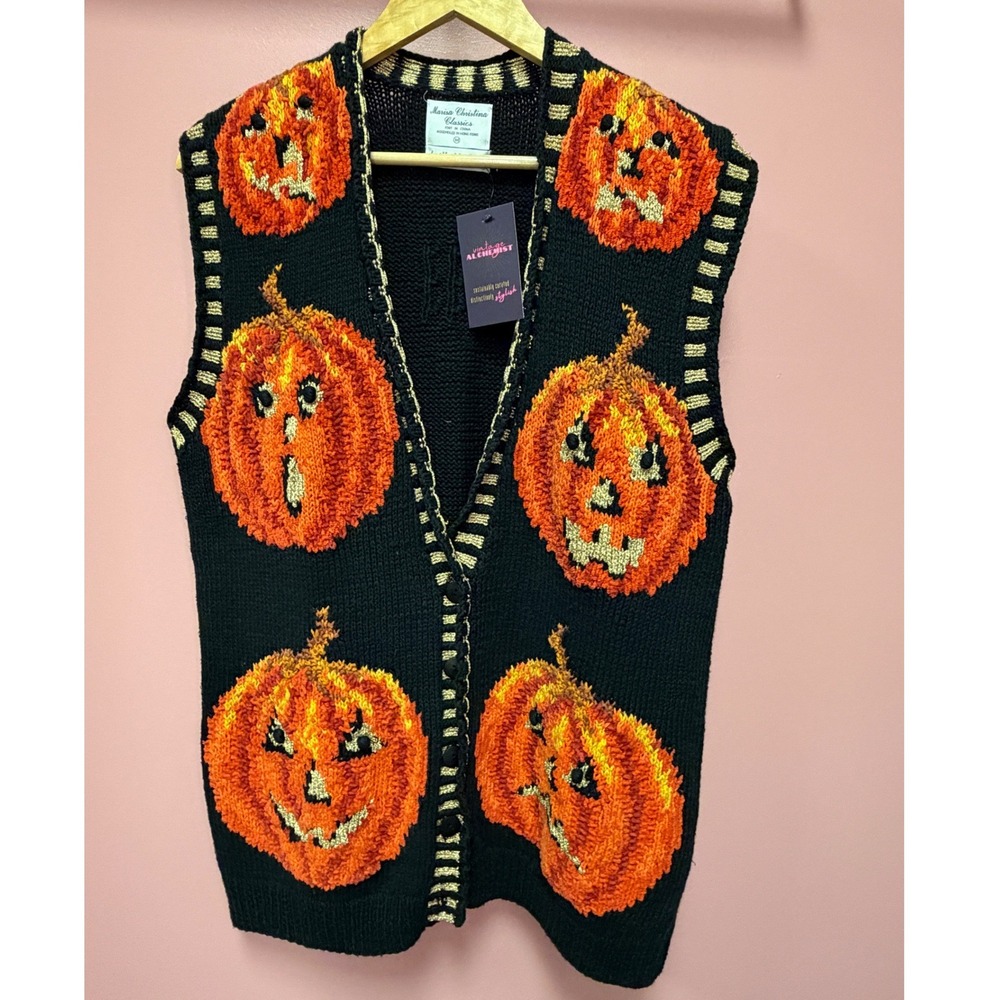 Marisa Christina Vintage 90s Hand Knit Pumpkin Halloween Vest Storybook M